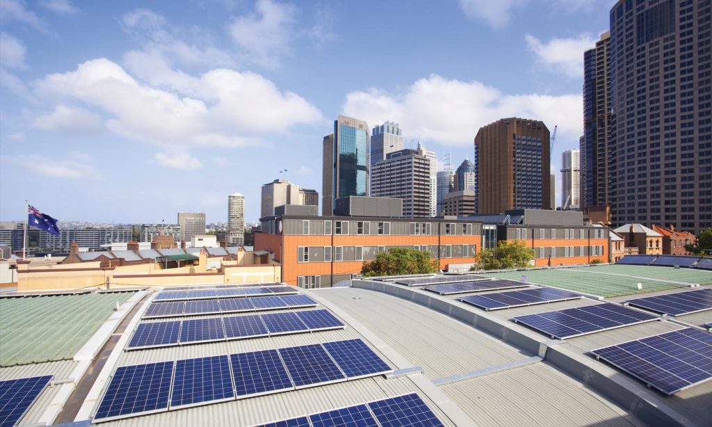 Solar panel array on a city building installation